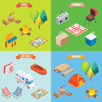 Camping objects in vector isometric style. Flat 3d isometric design. Family vacation, hiking, picnic, car travel. Camp place in forest. Isolated icons and template design
