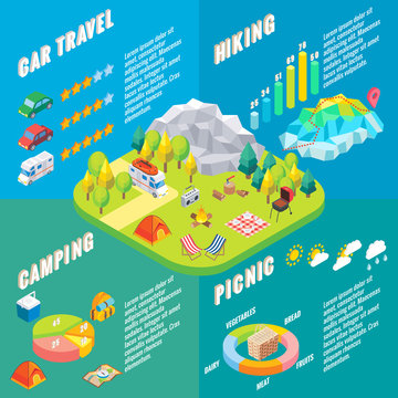 Travel infographic in vector isometric style. Camping outdoor activity. Flat 3d isometric design. Family vacation and hiking.