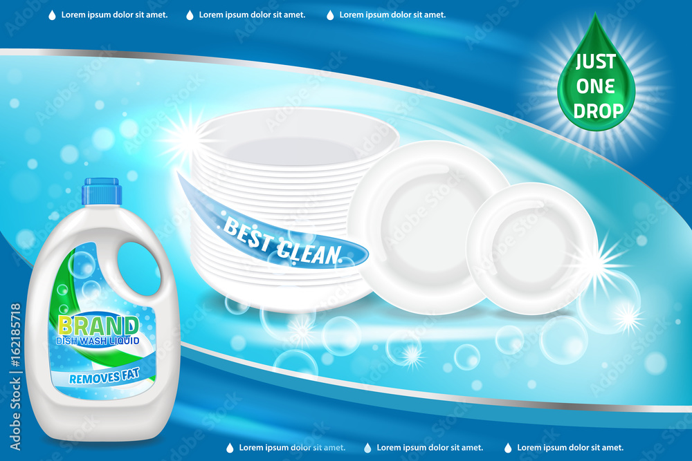 Wall mural Dishwashing liquid products ad. Vector 3d illustration. Bottle template design. Dish wash brand bottle advertisement poster layout - Wall murals