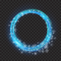 Light blue glowing rings with glitters and snowflakes. Transparency only in vector format