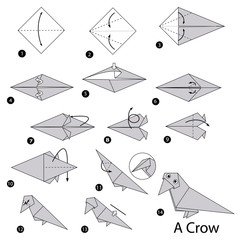 step by step instructions how to make origami A Crow - obrazy, fototapety, plakaty