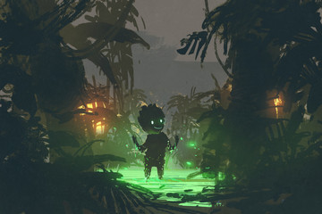 born from a dark nature, the cute creature made from magic swamp in tropical forest, digital art style, illustration painting
