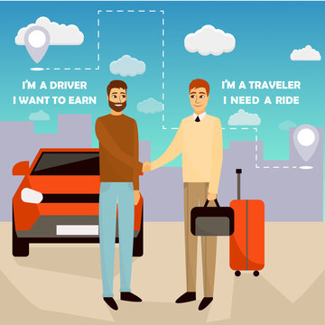 Carpooling concept vector illustration in cartoon style. Carpool and car sharing service poster. Two men shaking hands in front of the car
