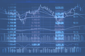 Abstract financial candlestick chart with line graph and stock numbers in Double exposure style background