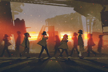 people with gas masks walking on street in futuristic city at sunset, digital art style, illustration painting