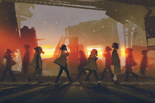 People With Gas Masks Walking On Street In Futuristic City At Sunset, Digital Art Style, Illustration Painting