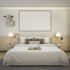 3d rendering luxury modern bedroom suite in hotel with mock up frame