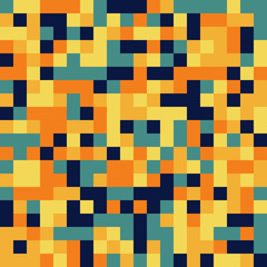Colorful seamless pattern in retro 8bit style - pixel (squares) in solid colors - yellow, blue, dark blue, orange (brick)