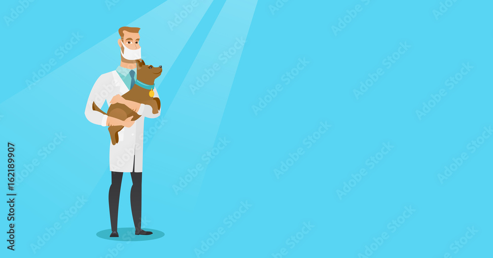 Poster Veterinarian with dog in hands vector illustration