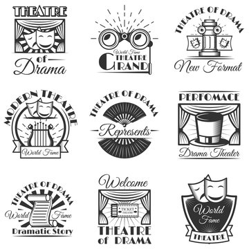 Vector set of classic theater isolated labels, logo and emblems. Black and white theater symbols and design elements.