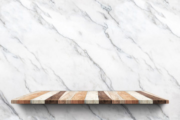 Empty wood plank shelf at white marble wall background,Mock up for display or montage of product or design