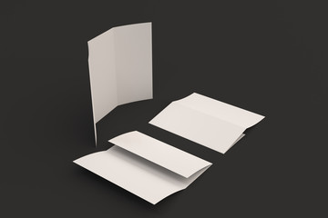 Blank white three fold brochure mockup on black background
