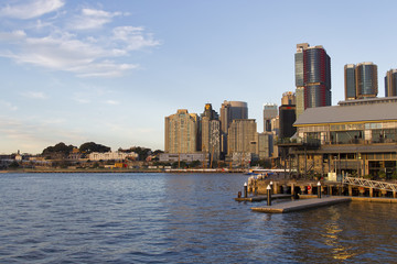 Jones Bay wharf in Sydney with skyscrapers in the background