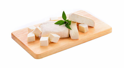 Closeup tofu and mint on white background