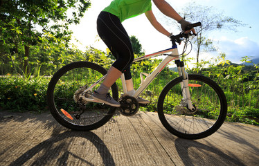 Fototapeta na wymiar woman cyclist cycling on sunrise forest trail