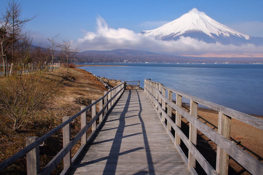 Beautiful scenery of Mountain Fuji on the lake Yamanakako in japan. This is a very popular for photographers and tourists. Travel and Attraction Concept