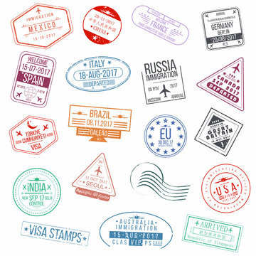 Set of visa passport stamps. International arrivals sign rubber stamps