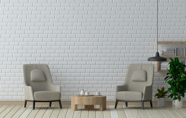 Loft interior with white brick wall and armchair  3d rendering other near a round coffee table in an office waiting area.