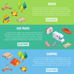 Travel web banner. Camping objects in vector isometric style. Flat 3d isometric design. Family vacation, hiking, picnic, car travel. Camp place in forest.
