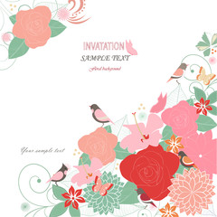 Vector greeting card with flowers and birds