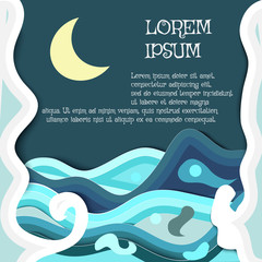 Vector illustration of marine landscape at night. Flat papercut style. Trendy background. Good night concept