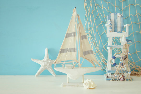 Nautical concept with sea life style objects on wooden table