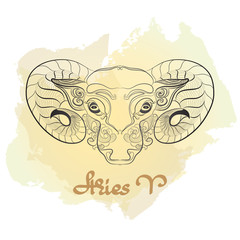 Hand drawn line art of decorative zodiac sign Aries.