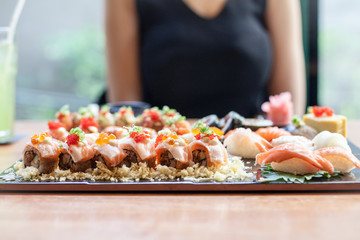 Japanese food Sushi set on the big plate menu in Japan resturant 
