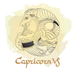 Hand drawn line art of decorative zodiac sign Capricorn.