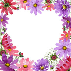 Wildflower kosmeya flower frame in a watercolor style isolated.