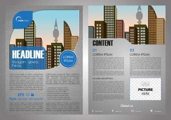 Vector flyer, corporate business, annual report, brochure design and cover presentation in blue color with city in leaf.