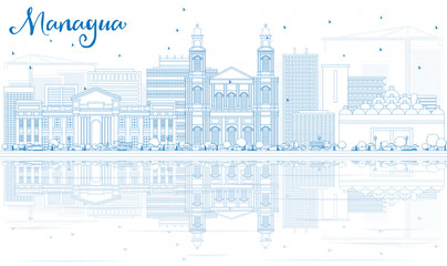 Naklejka premium Outline Managua Skyline with Blue Buildings and Reflections.