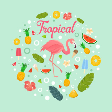 Flamingo with delicious fruits and desserts in summer  light green background  illustration