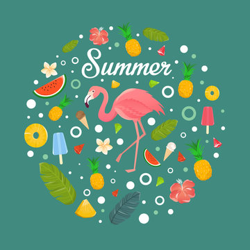 Flamingo with delicious fruits and desserts in summer green background  illustration