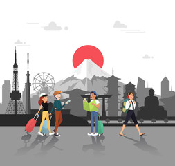 Let's travel in Japan for seeing landmarks illustration design
