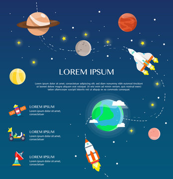Traveling around solar system by spaceship infographic flat design