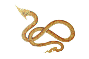 King of Naga, Thai Dragon, Image on wall of temple in thailand isolated on white background.