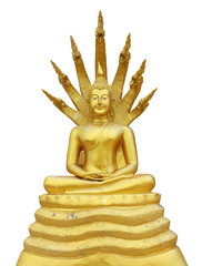 Golden Buddha Statue with seven naga isolated on white.