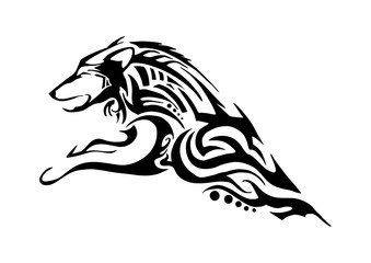 Fototapeta premium half body of aggressive wolf jumping tribal tattoo Silhouette isolated 