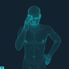 Man in a Thinker Pose. 3D Model of Man. Geometric Design. Business, Science, Psychology or Philosophy Vector Illustration.
