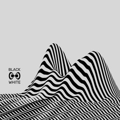 Landscape background. Terrain. Black and white background. Pattern with optical illusion. 3D Vector illustration.