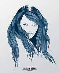 Fashion illustration. Hair style sketch. Indie girl with long hair.
