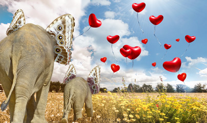 Everone is unique: mother and baby elephant with butterfly wing ears and red heart shaped balloons...