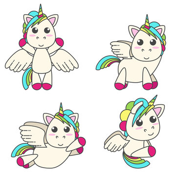 Vector set of unicorns with wings in four different poses. Cute flat design.