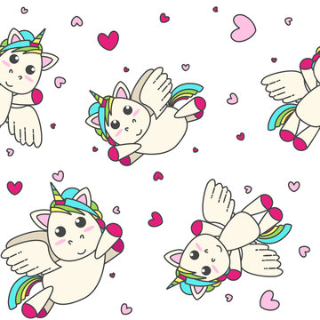 Flying rainbow unicorn with hearts on a white background. Vector flat design for children. Seamless pattern.