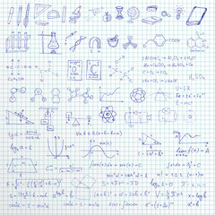 Set of vector hand drawn school symbols, graphics and formulas on linned paper background.