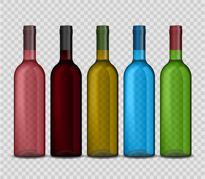 Set of transparent vector bottle of wine on checkered background.