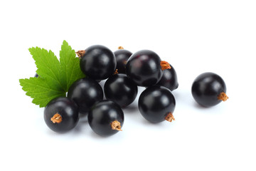 black currant with green leaf isolated on white background
