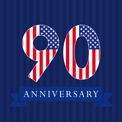 Anniversary 90 US logotype. Template of celebrating congratulating 90 th. Isolated numbers in traditional style on striped abstract blue background. United States patriot greetings or sticker, nine.