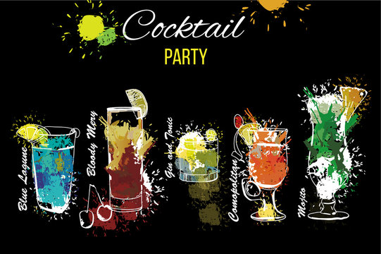 illustration of Cocktail Party set . Template for cocktail menu. Alcohol, Summer drinks. Spray, spot and melted drips with watercolor effect.